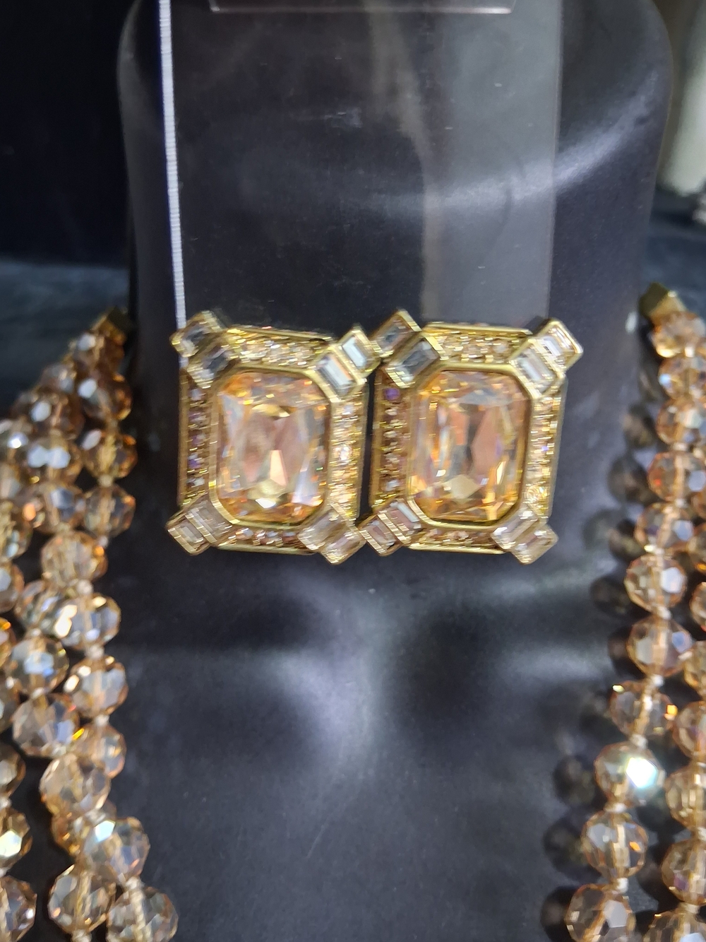 Heidi Daus Estate Splendor 3 Strand Necklace & Clip On Earrings Set Golden - Picture 2 of 6
